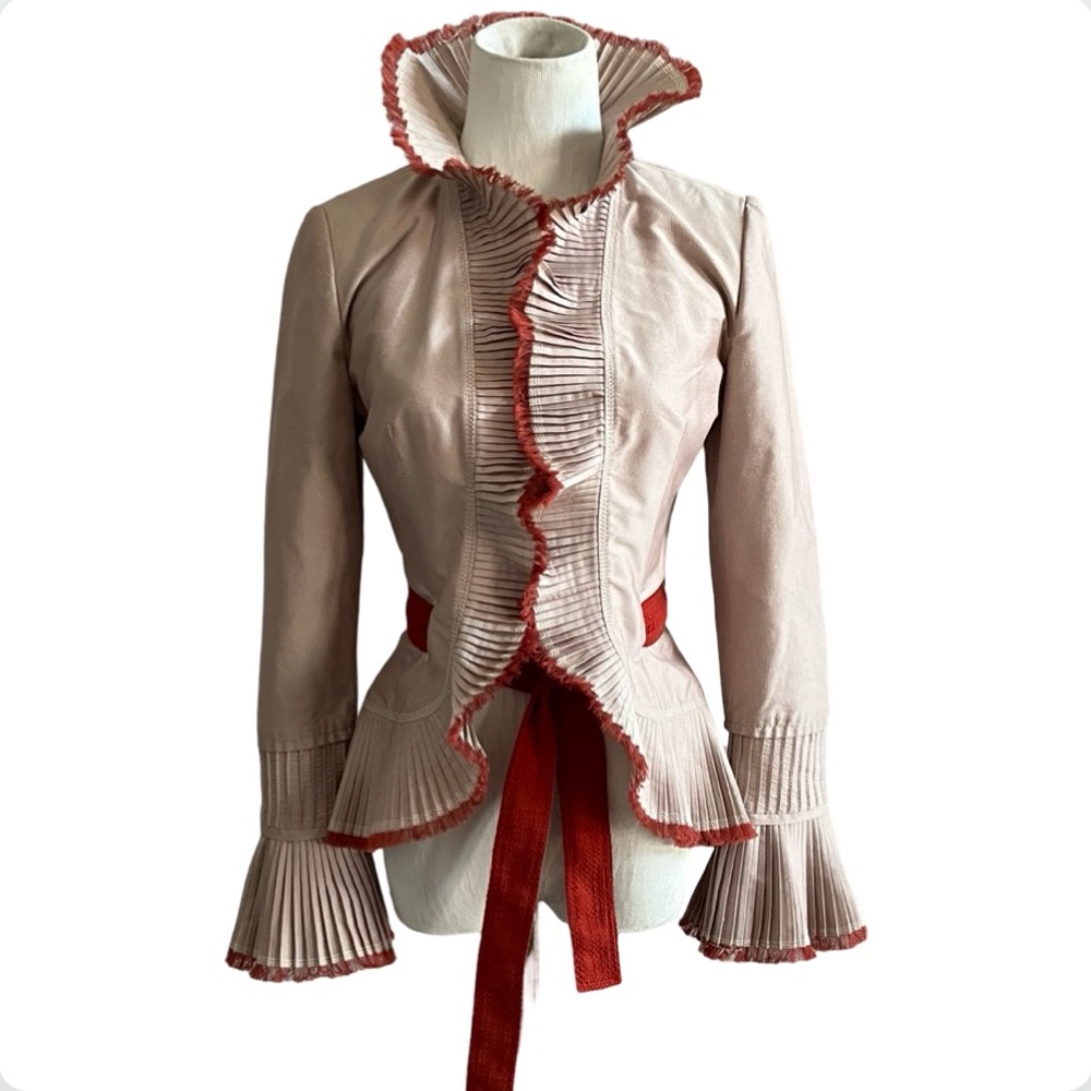 NWT • Nina Ricci Light Beige-Pink & Coral/Rust Red Ruffled Jacket – FR 36 / US 2